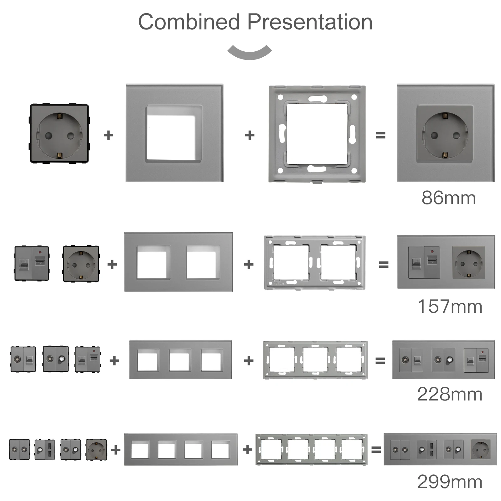 BSEED DIY France Standard USB Socket Button Switch With Crystal Glass Frame Panel Grey Home Type-c Phone Charge Socket French
