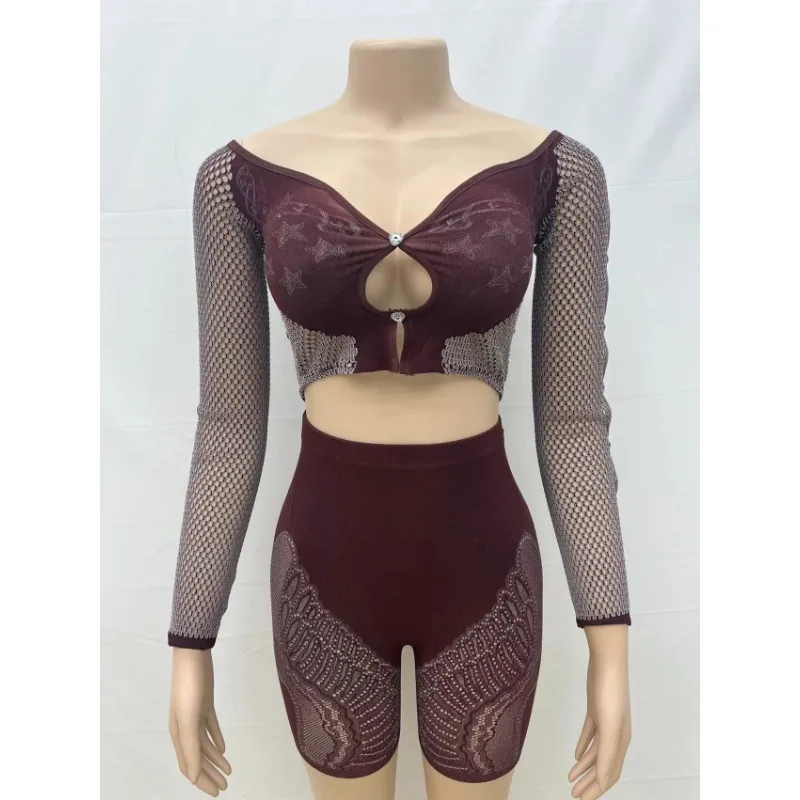 2024 Summer Knitted Patchwork Sheer 2 Piece Set Women Sexy Slash Neck Hollow Out Diamonds Crop Top Skinny Shorts Club Streetwear