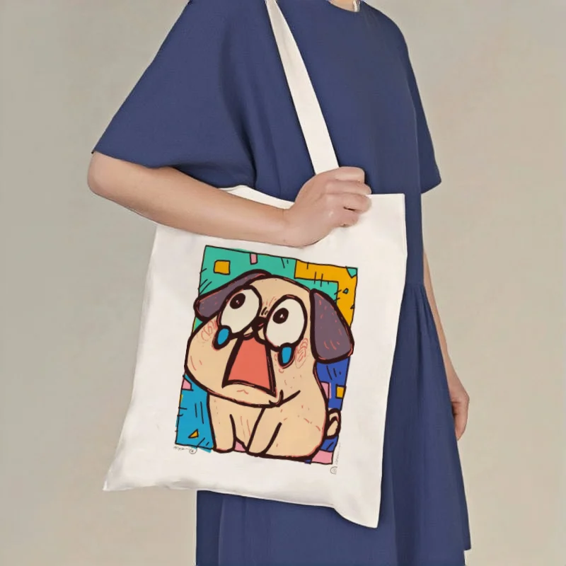 

1pc Crying Pug Dog Print Canvas Tote Bag, Funny Meme Pet Shoulder Bag