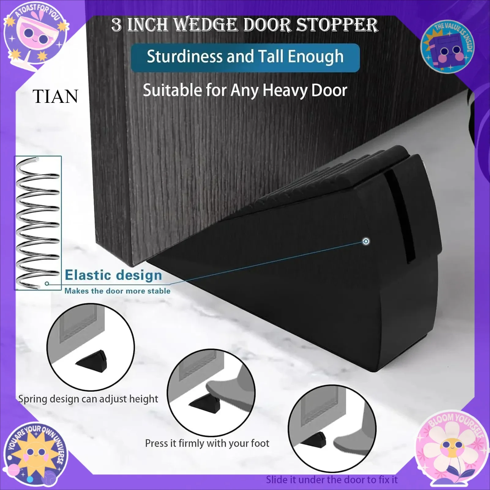 Heavy Duty Door Stopper Height Adjustable Spring Loaded Wedge Door Rear Retainer Non-Slip Door Stop for Home Office dodgers