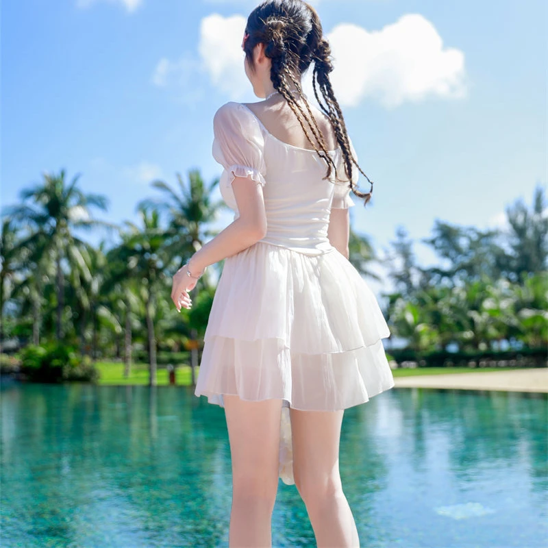 Plain Cake Skirt Style Swimsuit for Women in Hot Springs 2024 New One-piece Belly-covering Swimsuit Comfortable Beach Dress