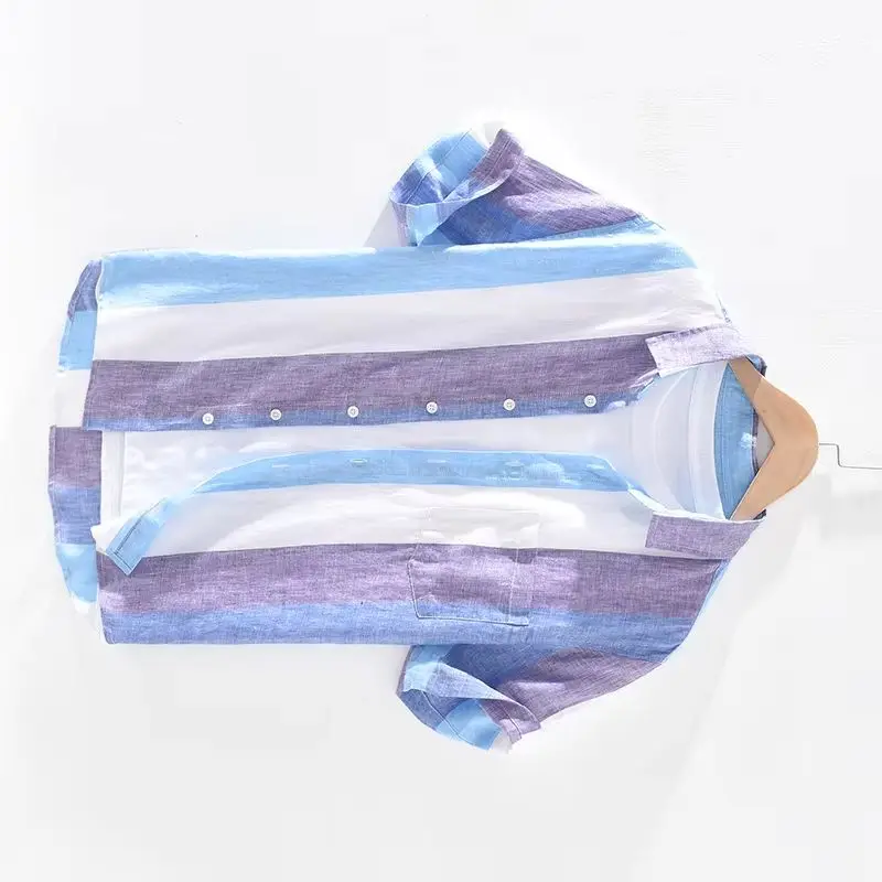 

100% льняные рубашки с коротким рукавом в полоску, новый стиль, летние, мужские, модные, удобные, из чистого льна, для мужчин, рубашки, топы, мужская одежда.