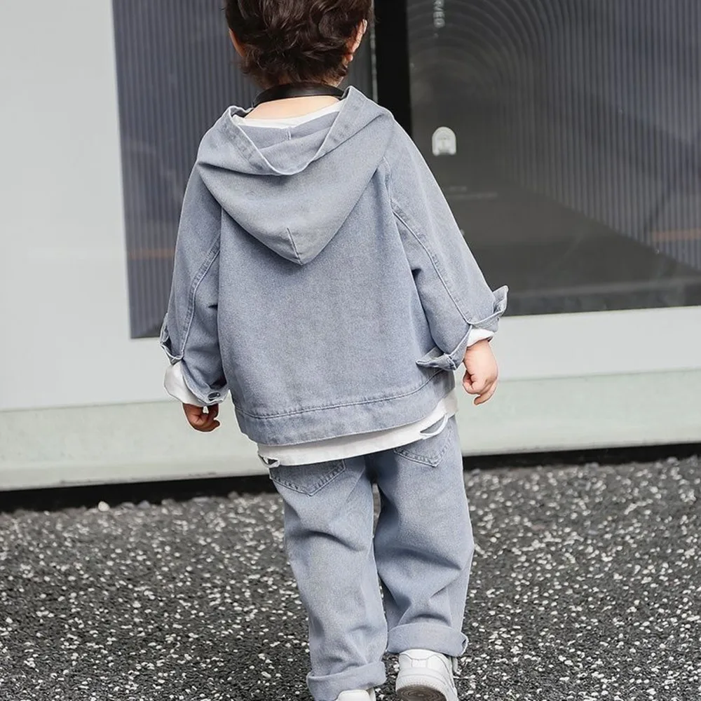 Children's Hooded Denim Jacket Jeans Two-piece Sets 2024 Boys' Spring And Autumn Loose Casual Letter Hole Cowboy Clothes Suits