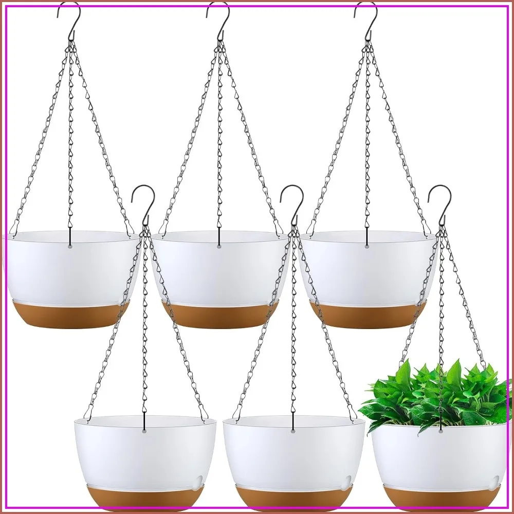 

6-Pack 11.2 Inch Hanging Planters with Drainage & Trays for Indoor Outdoor Plants - White