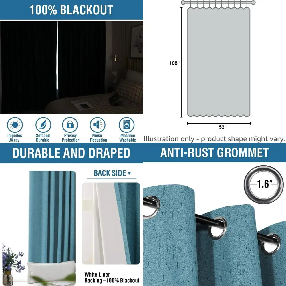 ستائر مكونة من 108 ستائر من الكتان باللون الأزرق المخضر، معتمة بنسبة 100%، مجموعة مكونة من لوحتين لغرفة النوم وغرفة المعيشة
