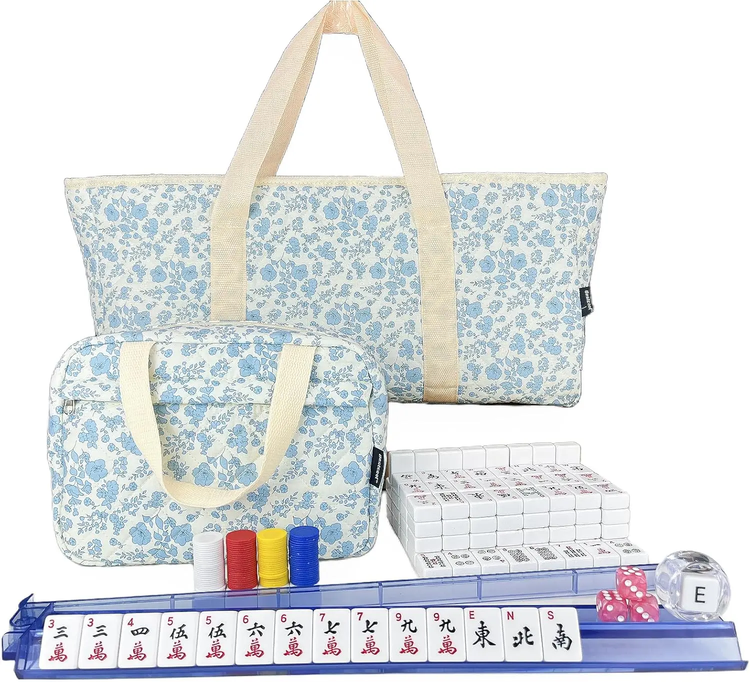 

American Mahjong Set with Floral Quilted Carrying Bag, 166 Tiles, 4 Racks and Pushers, Dice and Chips for Beginners
