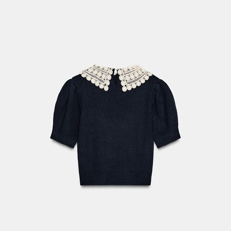 Casual Navy Blue Women's Knitted Top Doll Collar Short Sleeve Pullover 2025 New Slim Cropped Knitwears Fashion Autumn Lady Tops