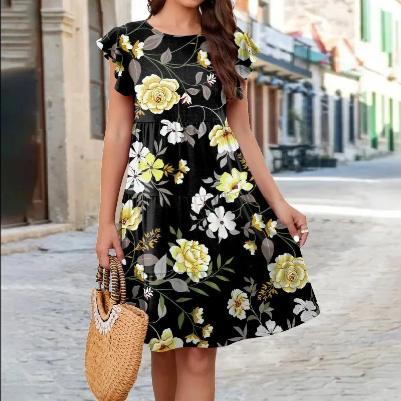 New Women\'s Knee Length Dress Knitting Printing Dresses 2024 Summer Round Neck Flower Grace Artistic Sense Versatile Midi Skirt