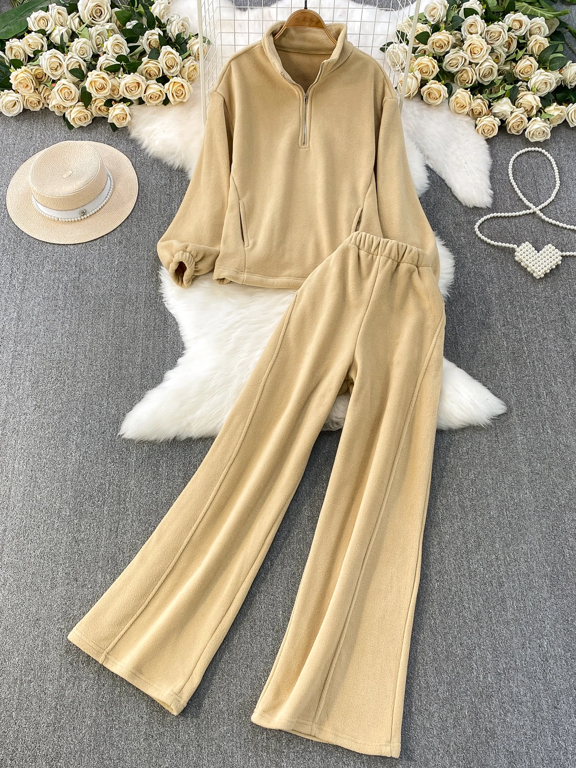 

Повседневные широкие брюки с высокой талией Thiened Particle Fce, комплект из двух предметов, женский зимний наряд для отдыха, толстовка на молнии с высоким воротником