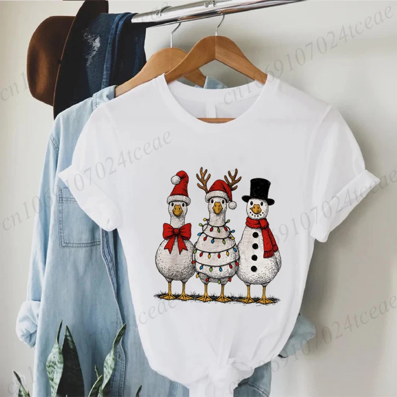 

Vintage Christmas Goose Print Women's T-Shirts Clothing Crew Neck T-Shirt, Short Sleeve Casual Top Santa Goose Women's Clothing