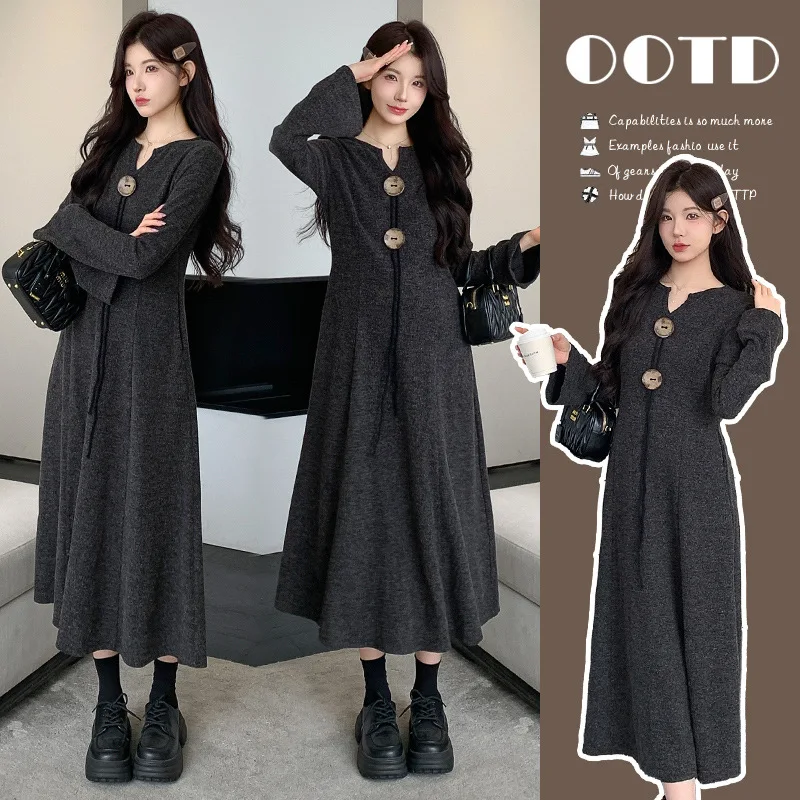 

Платье для беременных в корейском стиле 2025 года, осеннее вязаное платье макси, струящийся расклешенный подол, офисный готовый наряд для беременных, шикарный, удобный