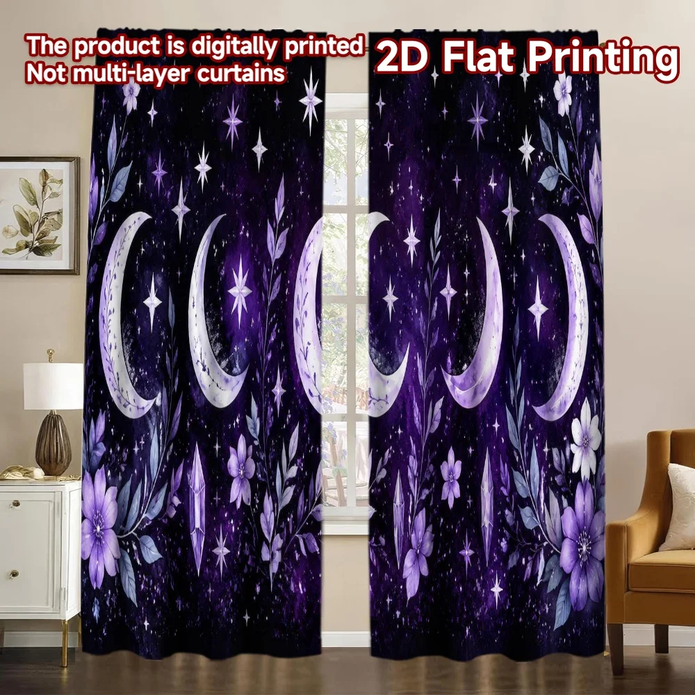 2D FLAT PRINTING 2pcs Curtains (Without Rod) Celestial Moon and Florals Pattern Chic Curtains Polyester Curtains Valentine