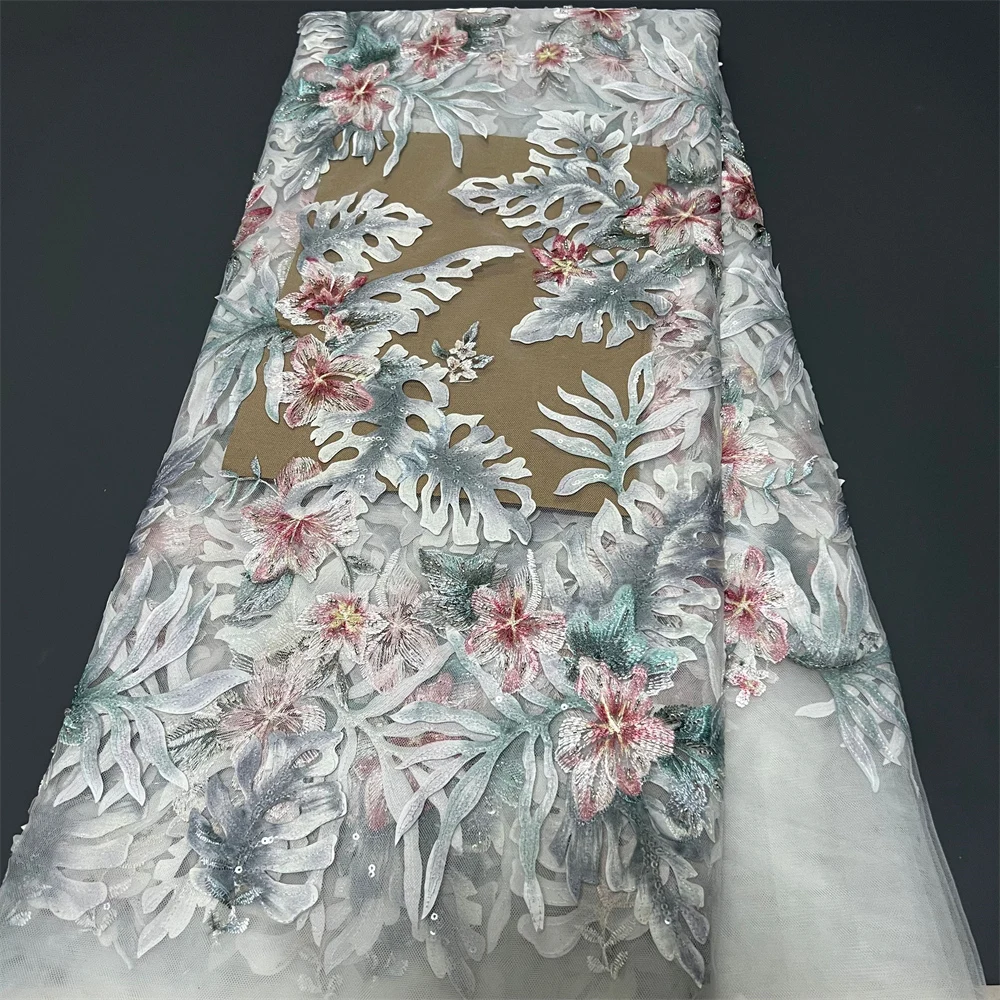 

2025 African Nigerian High-Quality Sequins Tulle Lace Fabric for Prom Dresses Beads Embroidery Sewing Net Cloth 5Yard ZJ082