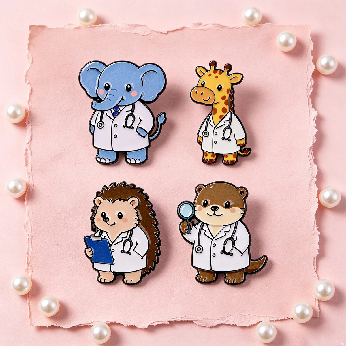 4pcs/Set Cartoon Animal Doctor Enamel Pin Cute Elephant Giraffe Otter Brooch Lapel For Backpack Hat Badges Jewelry Nurse Gifts view 4