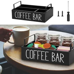 Wood Coffee Station Organizer 4 Compartments Coffee Bar Organizer Station Coffee Pods Holder Storage Basket For Offices Coffee