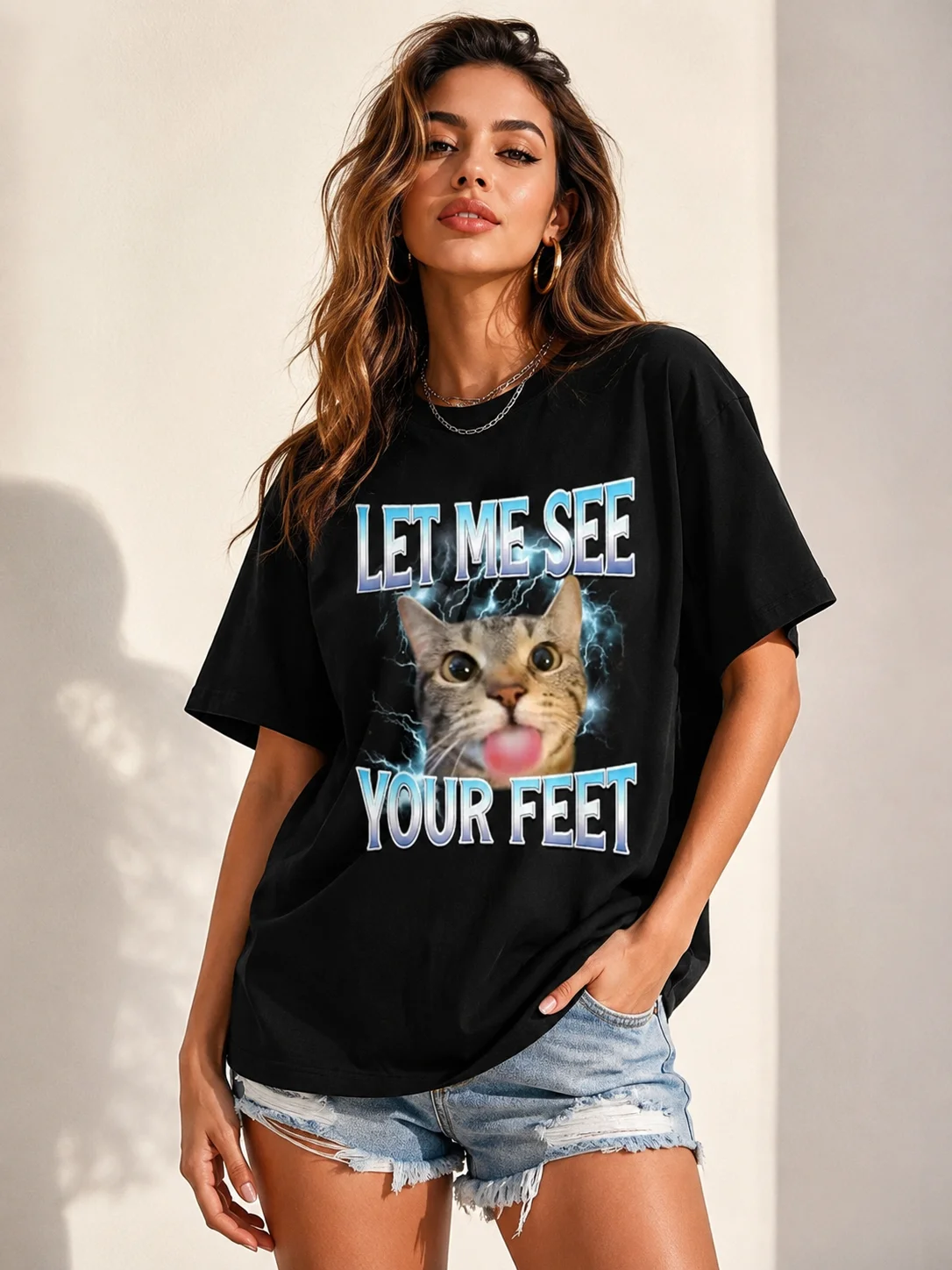 Your Feet Fun Attack Cat Enthusiastic Boots Women's T-shirt Show Me Your Feet Fun Y2k Printed Casual Women's Clothing