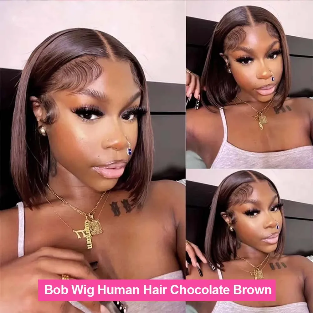 #4 Brown Chocolate Color 200% Straight Lace Frontal Wig Human Hair Vietnamese 13x4 Bob Lace Front Human Hair Wigs 4x4 HD Closure image 2