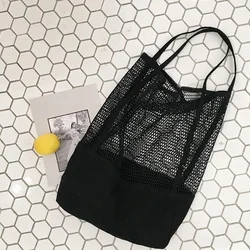 1Pc Mesh Beach Bag One Shoulder Canvas Bag Hollow out Reusable Shopping Bag Student Net Bag Large Capacity Travel Storage Bag