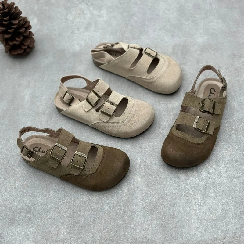 

2026 Summer New Genuine Leather Round Toe Sandals Retro Flat Solid Color Versatile Women's Shoes