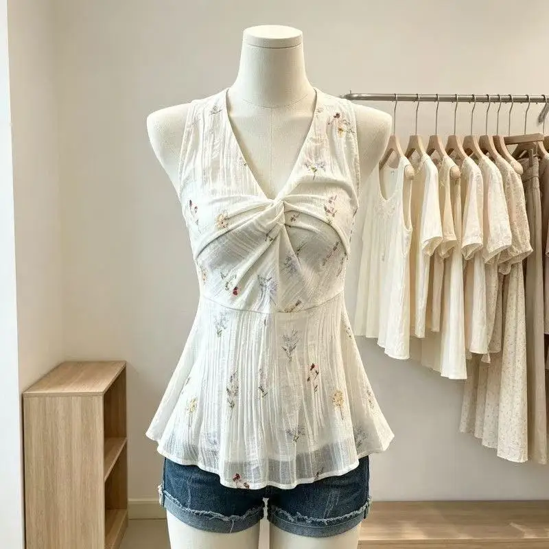 Vintage Cottagecore Floral Print Cami Top V Neck Twist Knot Peplum Ruffle Hem Slim Fit Sweet Y2K Sleeveless Tank Top for Girls