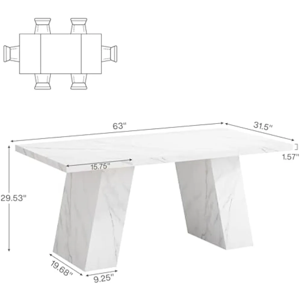 Moderne eettafel voor 6 personen, 63 inch kunstmarmeren eettafel met houten onderstel