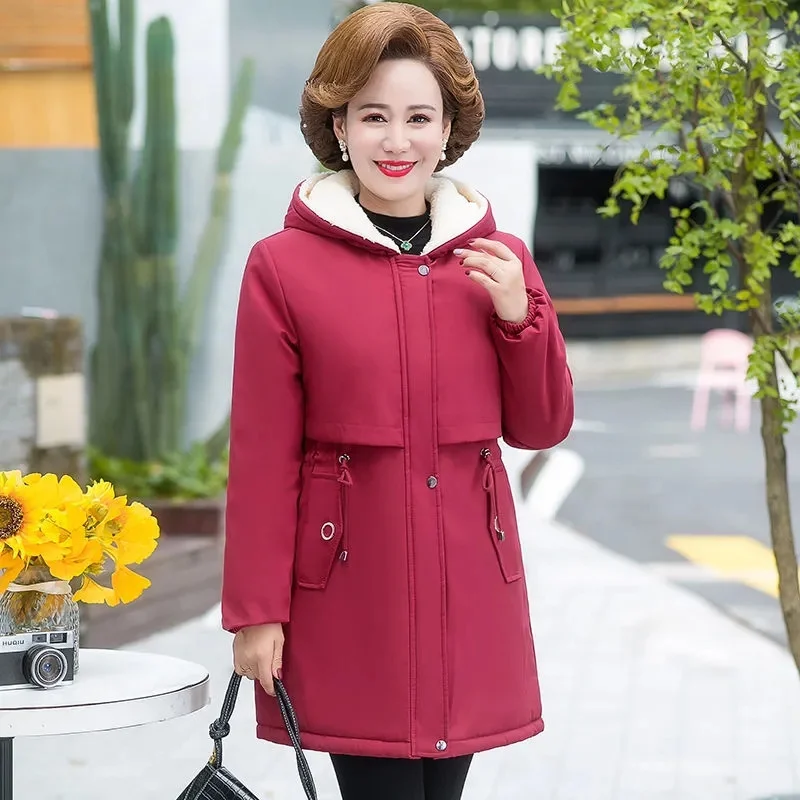 Middle-aged Parkas Women Winter Jackets 2023 New Velvet Hooded Coats Cotton Padded Jacket Female Overcoat Mother Outerwear 5XL