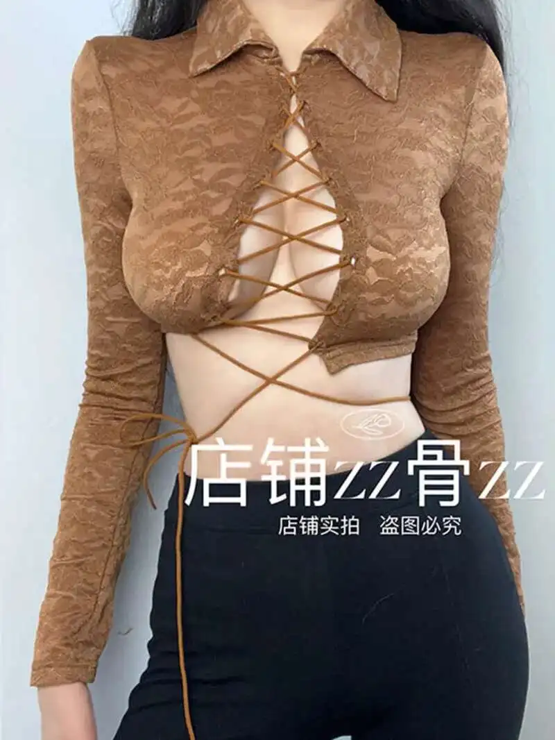 

New Style Irregular Hollow Cross Tie Short Lace Sexy Long Sleeved T-shirt Women Tshirt Short Tees Hot Sexy Bandage Tops