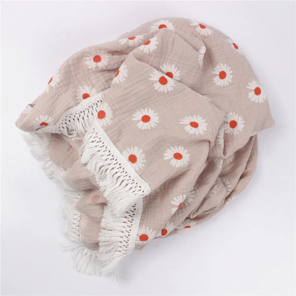 Organic 100% Cotton Boho Vintage Baby Tassel Blanket Newborn Muslin Swaddle