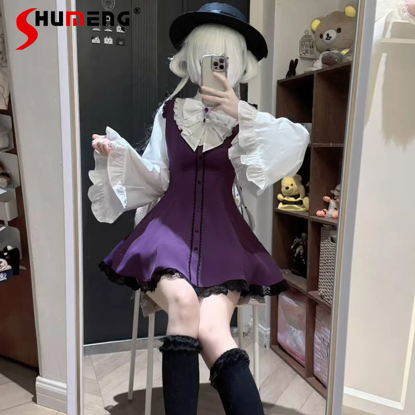 

2026 Spring Japanese Style Mass-produce Lace Flare Sleeve Short Dress High Waist Shorts Two-piece Set for Women Gothic Dress Set