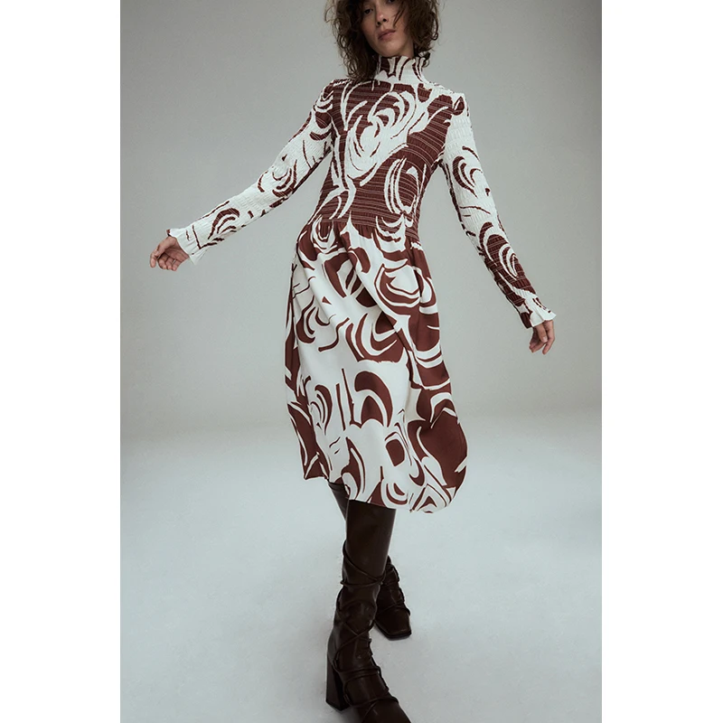 

RUIEE Artistic Print High Collar Elastic Pleated Slim Fit Dr Bla White Red Brown Long Sve mid Length Skirt