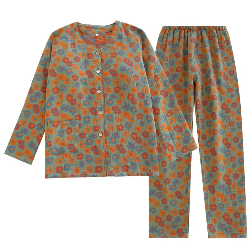 Pijama feminino sem sutiã, calça de mangas compridas, jacquard de fios tingidos, terno de algodão confortável, roupas casuais para casa, tamanho grande