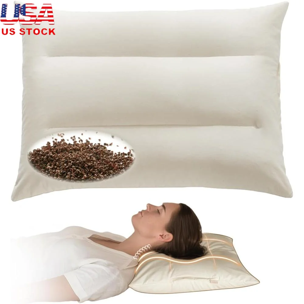 Adjustable Buckwheat Hull Pillow Supportive Neck Relief Baffle Box Design Cool Sleep Organic Bed Pillow Side Back Stomach