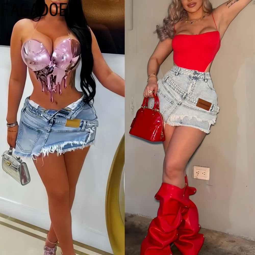 

FAGADOER Spring New Fashion Denim Skirt for Woman Solid Color Tassel Patchwork High Waist Skirt Female Streetwear Bottoms 2026