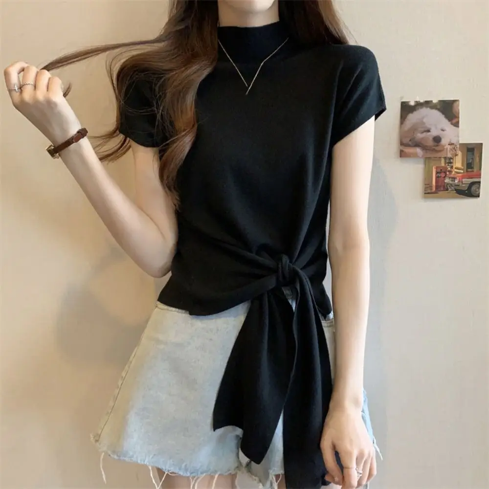 

Милый укороченный топ с коротким рукавом на шнуровке, облегающий трикотажный кроп-топ в стиле Y2K, простой и шикарный, с полувысоким воротником, для женщин и девушек