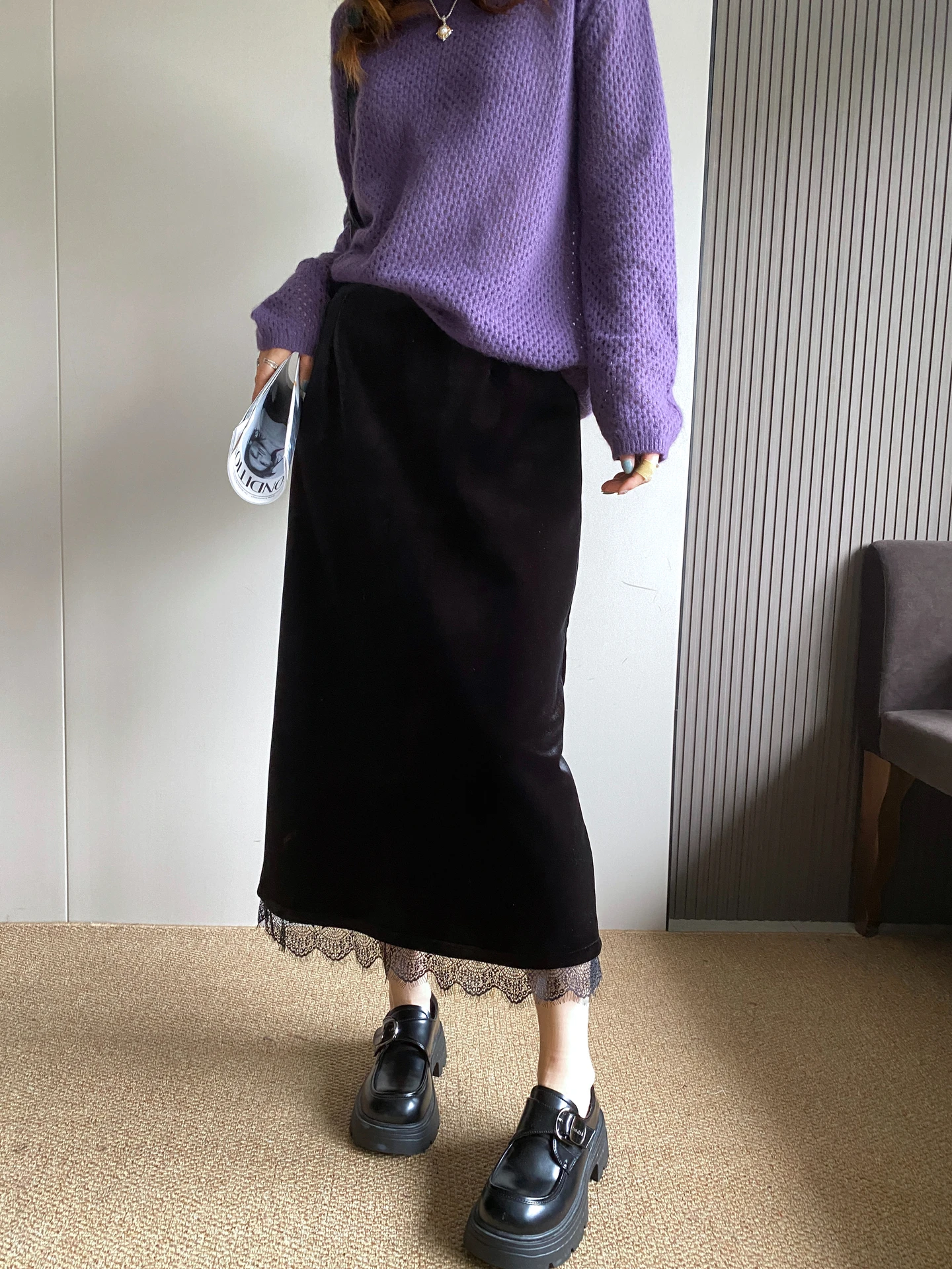 

Женская юбка А-силуэта с высокой талией, на флисовой подкладке, из бархата, весна 2026, ранняя мода, для повседневной носки, теплая, в корейском стиле, с кружевом