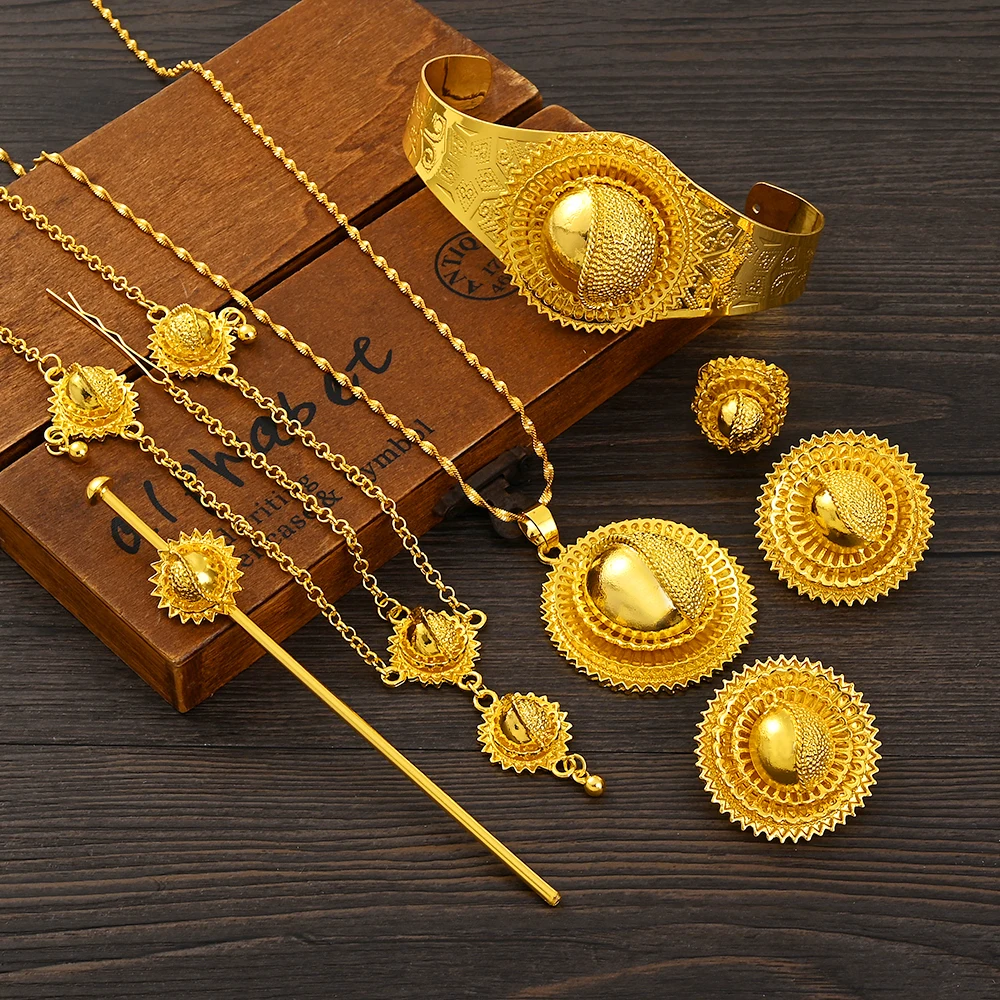 Luxury Gold Plated Bridal Jewelry Sets for Women Ethiopian Pendant Hairpin Necklace Earrings Bangle Ring Wedding Gift