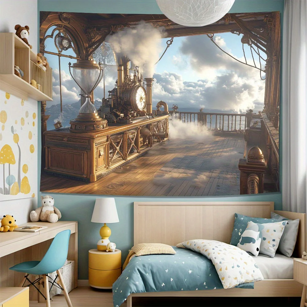 Steampunk Steam Engine Tapestry, Vintage Industrial Wall Art for Bedroom or Living Room,Large Decorative Hanging,Add Retro Style