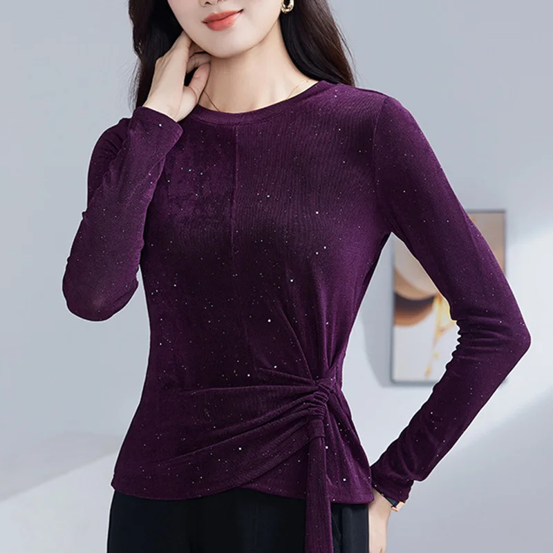 Autumn New Long Sleeved O-Neck Women's Tops Fashion Casual Solid Color Elasticity Mesh T-Shirt M-4XL Diamond Blouses