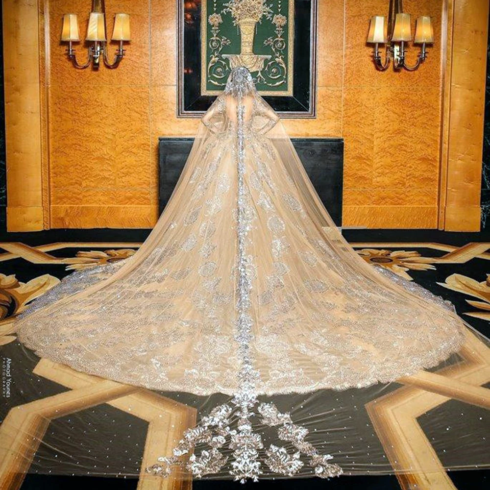 2024 Saudi-arabische Brautkleider mit abnehmbarer Schleppe, langen Ärmeln, luxuriöse formelle Brautkleider mit Pailletten, Vestido de Novia