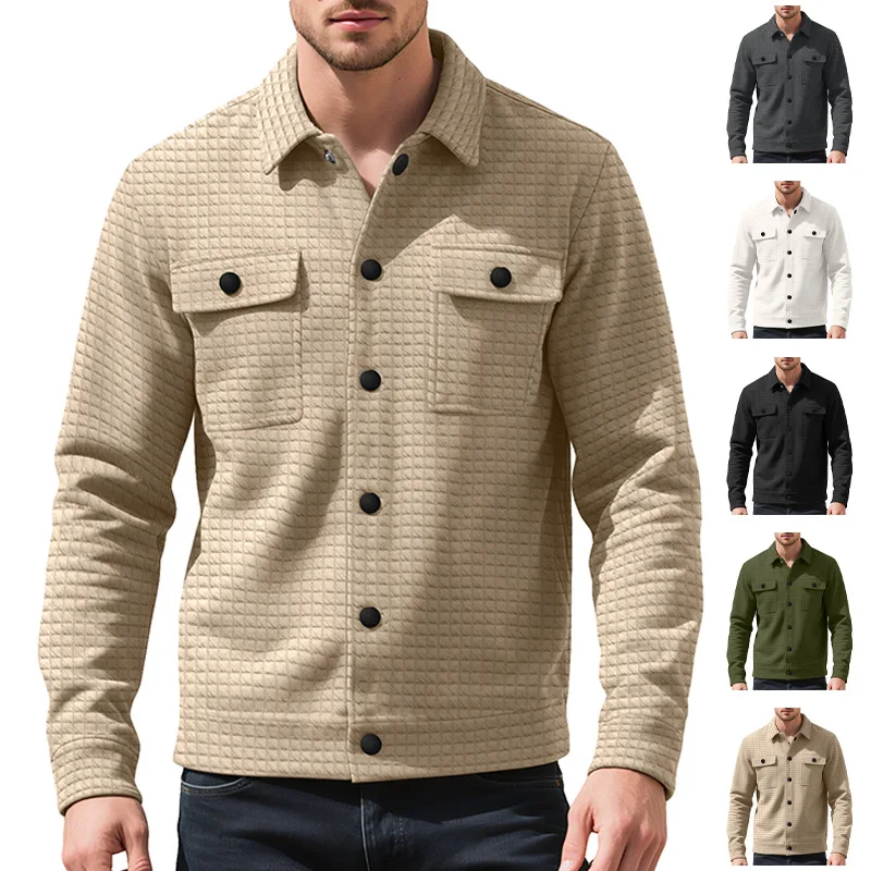 Men's foreign trade small grid jacquard knitted button pocket jacket men's spring and autumn warm and windproof business model
