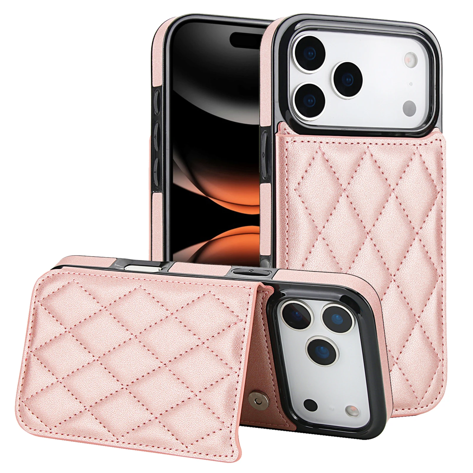 

Leather Geometric Card Holder Slots Wallet Case For iPhone 17 Pro Max 16 15 14 13 12, Cards Pocket Kickstand Phone Cover Funda