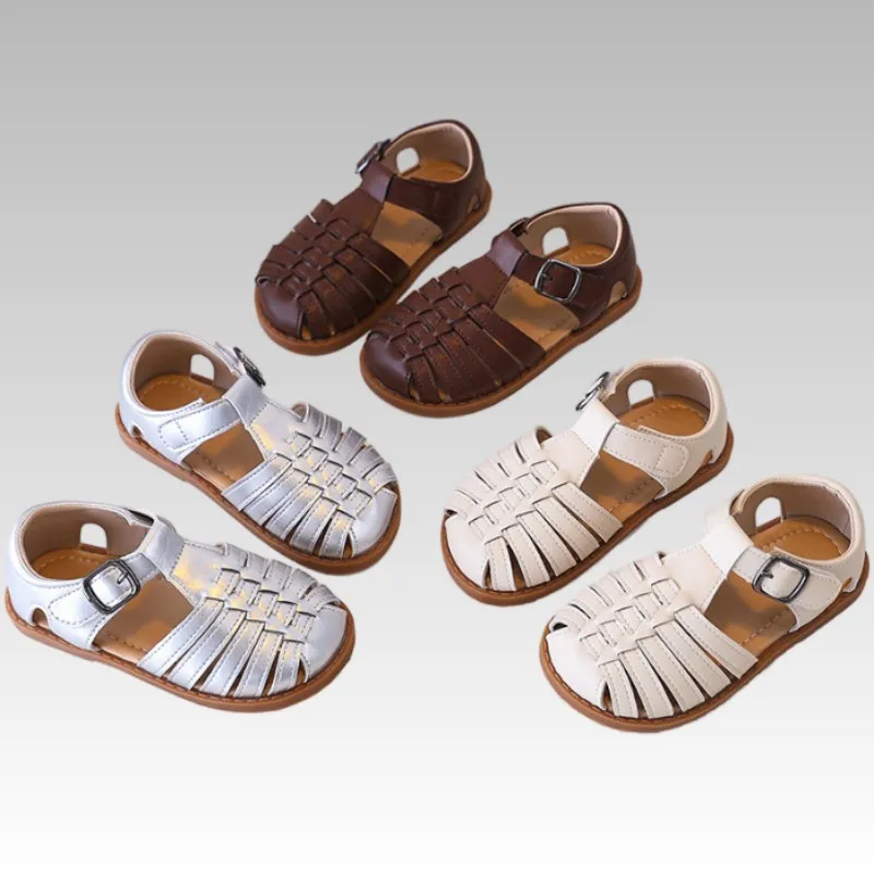 Children Sandals Girl's Fashion Rome Braid Genuine leather Sandals Anti slip soft bottom Summer Shoes Silver Size 22-35