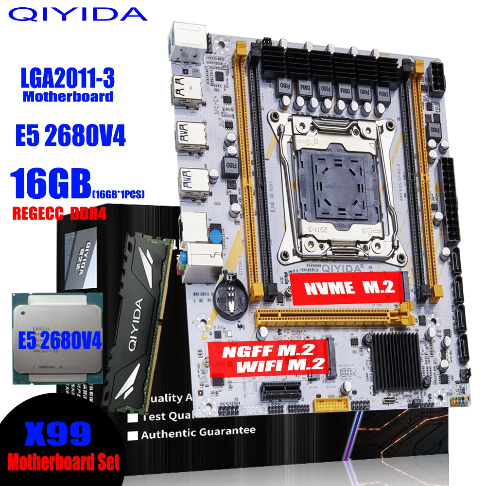 Zestaw płyty głównej QIYIDA X99 LGA 2011-3 z procesorem Xeon E5 2680 V4, 16GB (1*16GB) pamięci RAM DDR4 REG ECC, dyskiem NVME M.2 i obsługą TPM2.0.