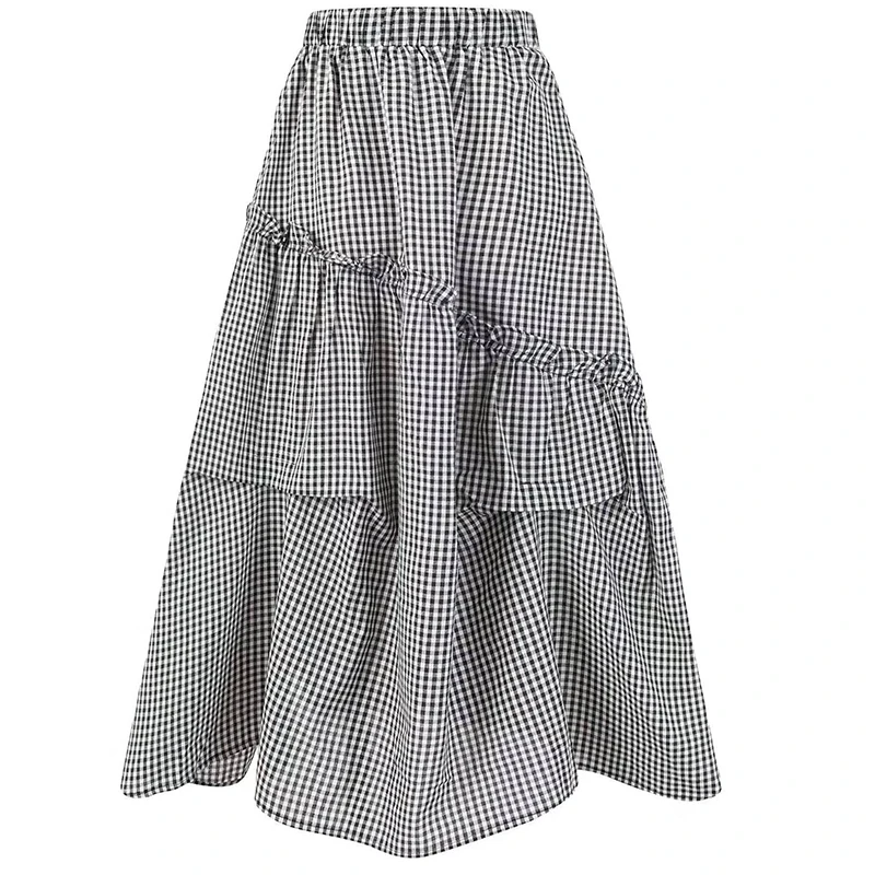 

2025 New Arrival Summer Beach Style Women Skirts Casual Loose Plaid Ruffles Patchwork A-line Elastic Waist Mid-calf Skirt T139