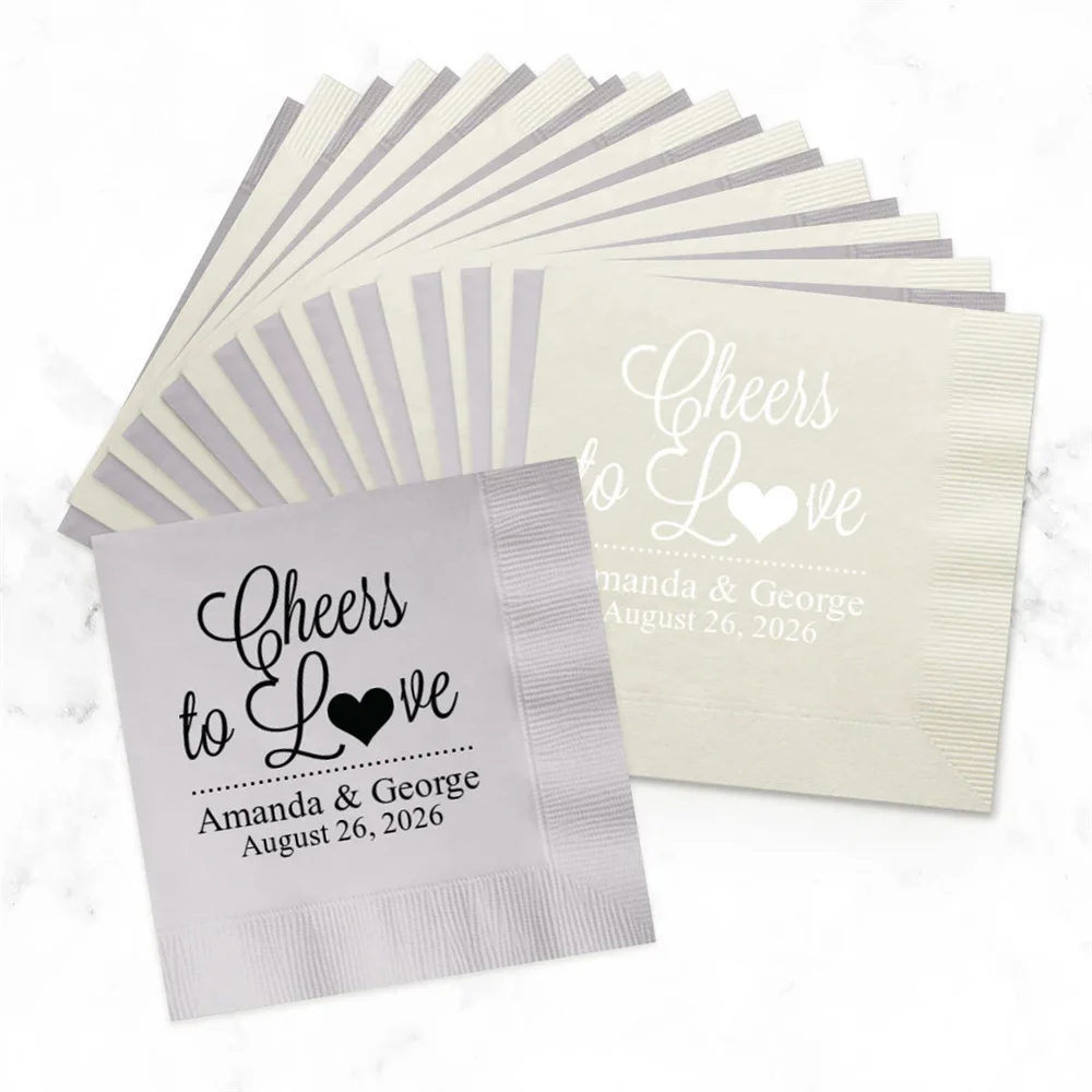 

50PCS Pack of 100 Personalized Cheers to Love Cocktail Napkins Bride and Groom - Couples Names Napkins - B-FEN3