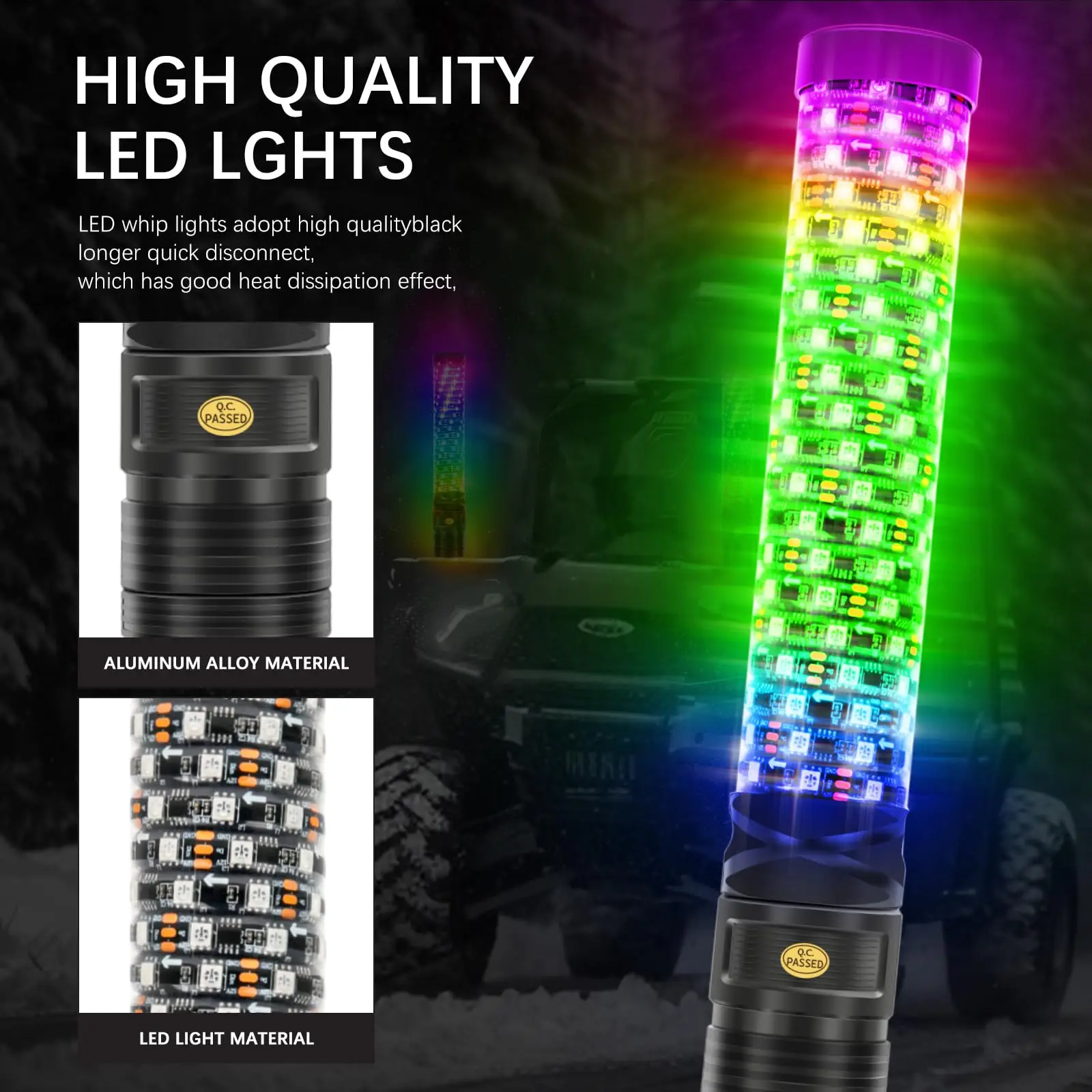 Bluetooth controle remoto espiral LED chicote luzes, 1ft, antena iluminada, colorido, ATV Polaris RZR Can-am X3 UTV, 2pcs