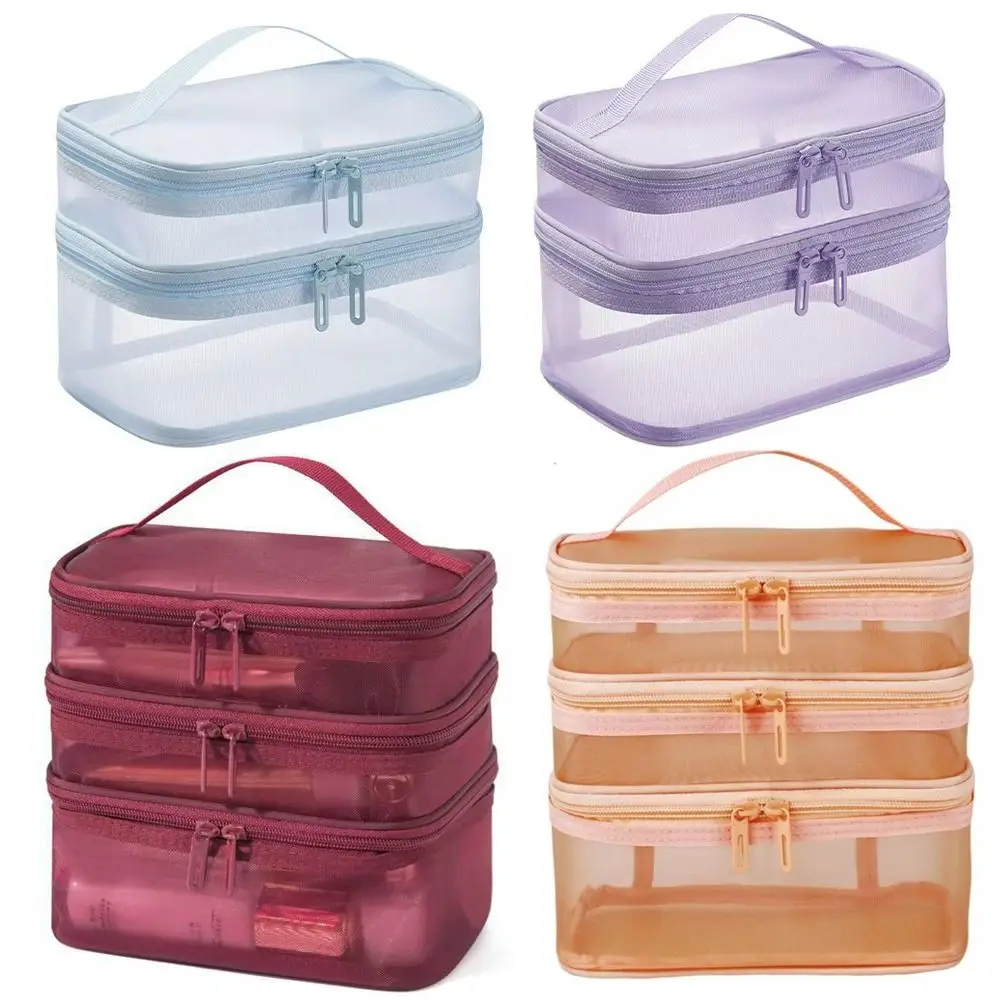 2/3 Layer Portable Transparent Mesh Travel Bag Large Capacity Storage Toiletry Bag 2/3 Layer Makeup Case Toiletries Organization