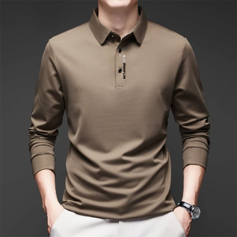 New Men\'s Business Casual Long Sleeved Shirt with Badge Solid Color Polo Shirt Fashionable Breathable Comfortable Versatile Top