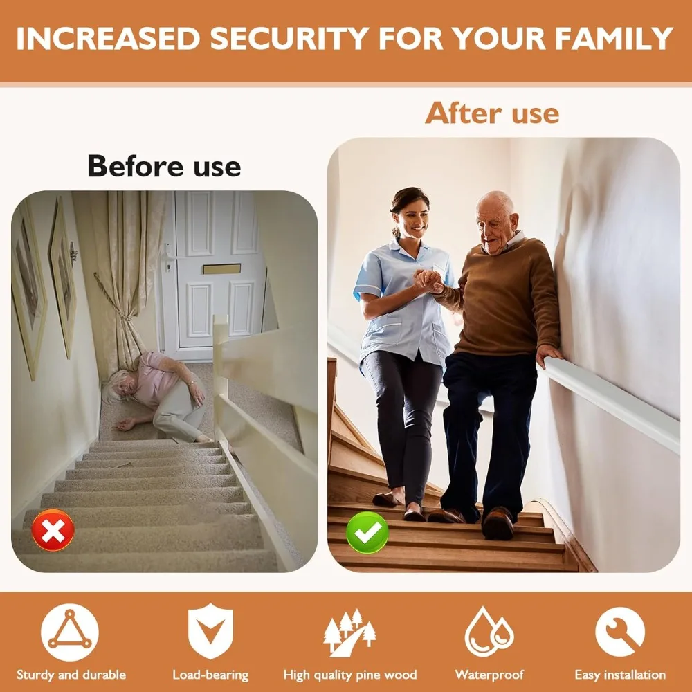 درابزين درج من الخشب الصلب بطول 3 أقدام، درابزين سلالم داخلية وخارجية، مثبت على الحائط، تصميم أمان غير قابل للانزلاق للاستخدام الداخلي والخارجي #6