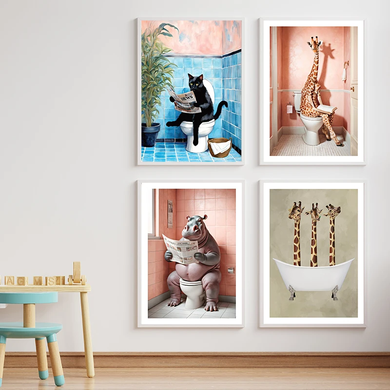 Cat Sitting On The Toilet Giraffe In Bathtub Hippo Canvas Art Print Poster Wall Painting Picture Modern Room Bathroom Decorative
